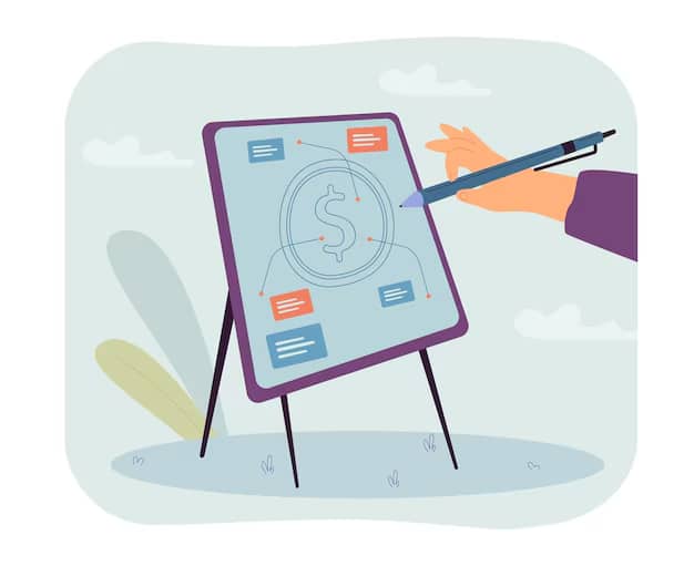Ilustração de uma mão apontando para um quadro com fluxos e ícones de cifrão, simbolizando a explicação visual de como os juros rotativos afetam a organização das finanças.