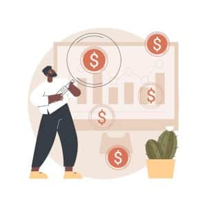 Ilustração de um homem analisando gráficos financeiros em um quadro, cercado por ícones de cifrão, representando o impacto dos juros rotativos no planejamento financeiro.