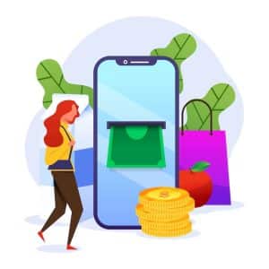 Ilustração de uma mulher caminhando ao lado de um grande smartphone exibindo dinheiro saindo da tela, com moedas empilhadas e sacolas de compras ao fundo, representando empréstimos digitais para consumo.