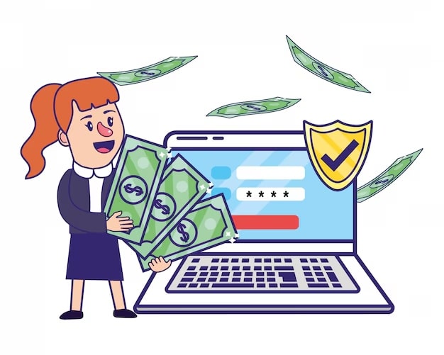 Ilustração de uma mulher sorridente segurando várias cédulas de dinheiro em frente a um notebook com tela de login e símbolo de segurança, simbolizando empréstimos online com proteção financeira.