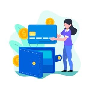 Ilustração de uma mulher colocando um grande cartão de crédito dentro de uma carteira azul, rodeada por moedas douradas, representando a relação entre IOF e o uso de cartões em operações financeiras.