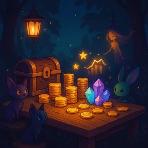 Ilustração digital detalhada de uma mesa de madeira encantada em um bosque noturno, iluminada por lanternas flutuantes, com cofres em formato de baú de tesouro, moedas douradas e cristais brilhantes organizados em pilhas, observados por pequenas criaturas mágicas em um cenário de conto de fadas moderno.
