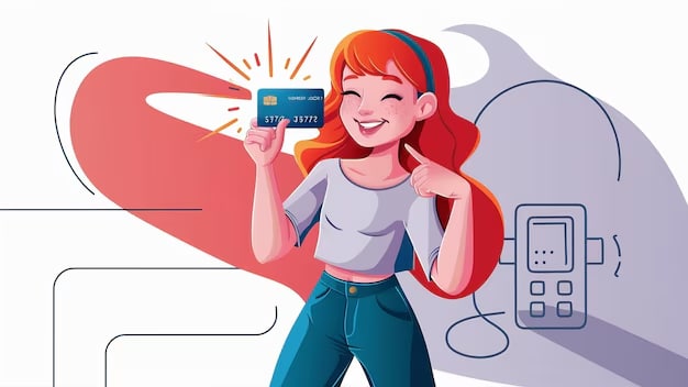 Jovem sorridente com cabelo ruivo mostrando um cartão de crédito azul enquanto aponta para ele, com uma máquina de pagamento ao fundo.