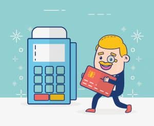 Ilustração de um homem loiro com monóculo segurando um cartão de crédito vermelho ao lado de uma máquina de pagamento.
