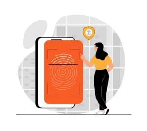 Mulher utilizando biometria em smartphone gigante com impressão digital para autenticação e segurança digital.