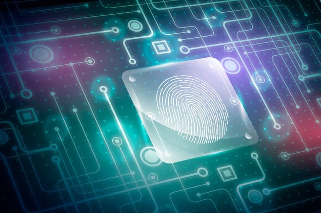 Impressão digital em circuito eletrônico representando biometria e autenticação digital avançada.