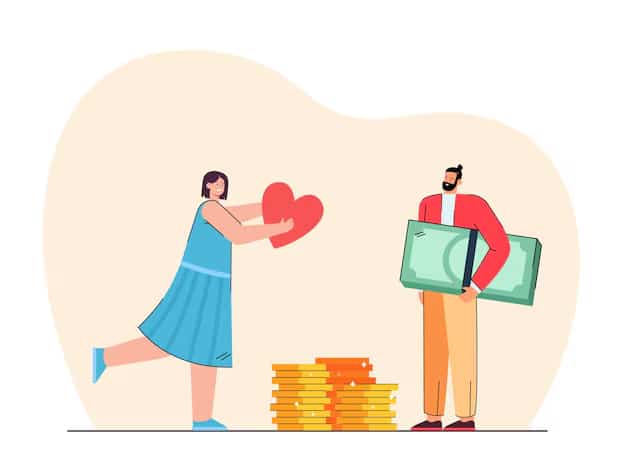 Ilustração de uma mulher oferecendo um coração para um homem que segura uma nota grande de dinheiro, com pilhas de moedas ao lado, simbolizando equilíbrio entre amor e finanças.