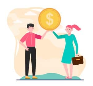 Ilustração de um homem e uma mulher segurando juntos uma moeda dourada gigante com símbolo de dólar, representando parceria e colaboração em finanças.