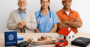 Bens e dinheiro sobre a mesa, representando opções de empréstimo.