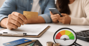 Pessoa segura um cartão de crédito enquanto analisa documentos financeiros, com indicador de score e outros cartões sobre a mesa.