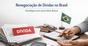 Documentos financeiros com destaque para dívida, mão segurando caneta e bandeira do Brasil ao fundo, simbolizando renegociação de empréstimo no Brasil e estratégias para reduzir juros e organizar o pagamento do empréstimo.