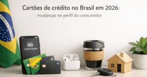 Cartão de crédito no Brasil em 2026 com smartphone exibindo carteira digital, cartões físicos ao lado da bandeira do Brasil, fones de ouvido, copo térmico, miniatura de casa e chaves, representando mudanças no perfil do consumidor e a evolução do uso do cartão de crédito no país.