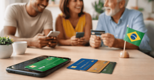 Família usando celular e Cartão de Crédito com bandeira do Brasil ao lado, representando pagamentos digitais e uso consciente do crédito.