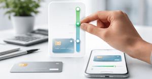 Mão ajustando limite em aplicativo com Cartão de Crédito na tela, simbolizando controle financeiro e gestão de gastos no dia a dia.